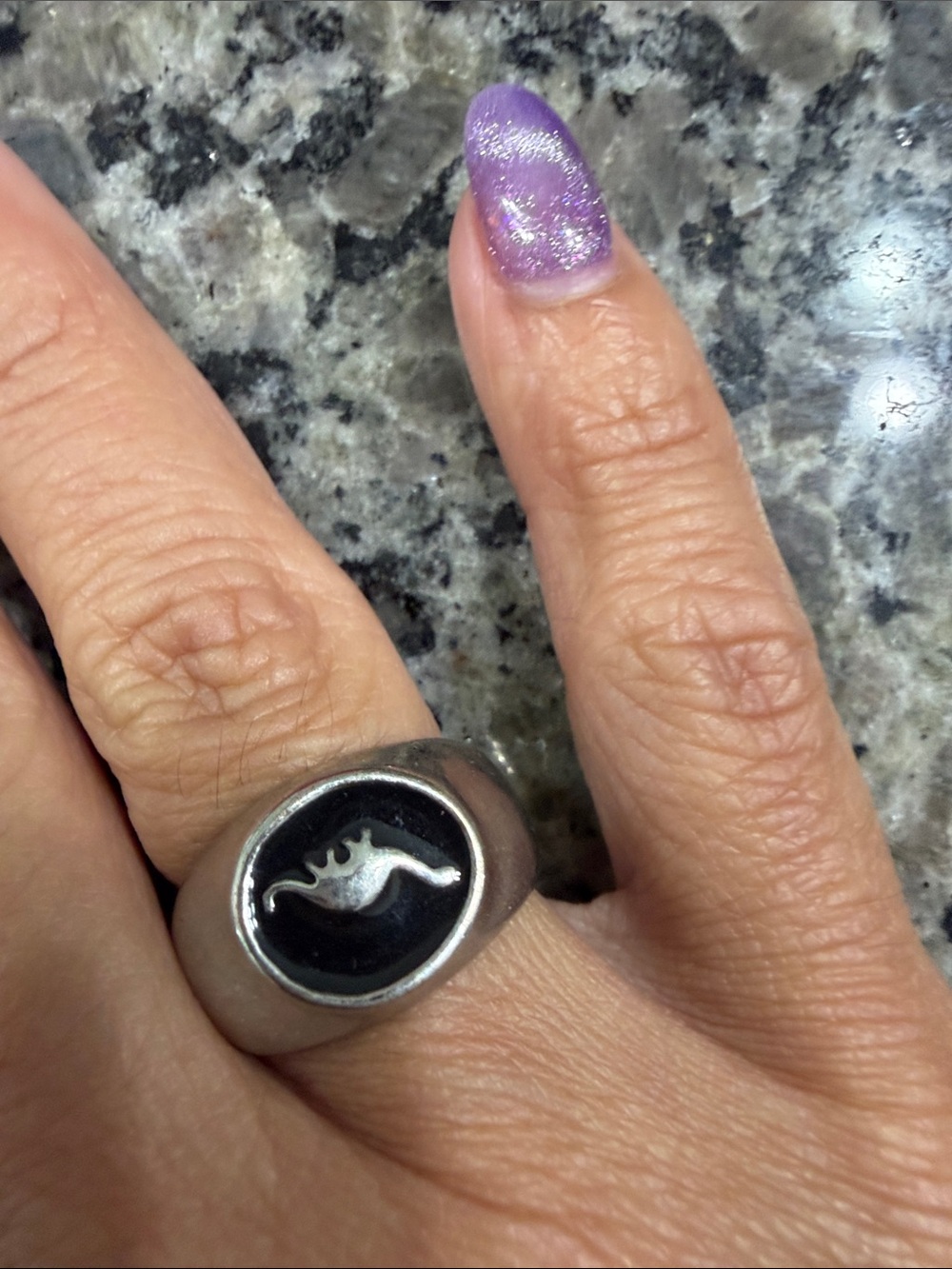 Reptile-Themed Silver Tone Signet Ring - Black & Silver size 7 Dinosaur
